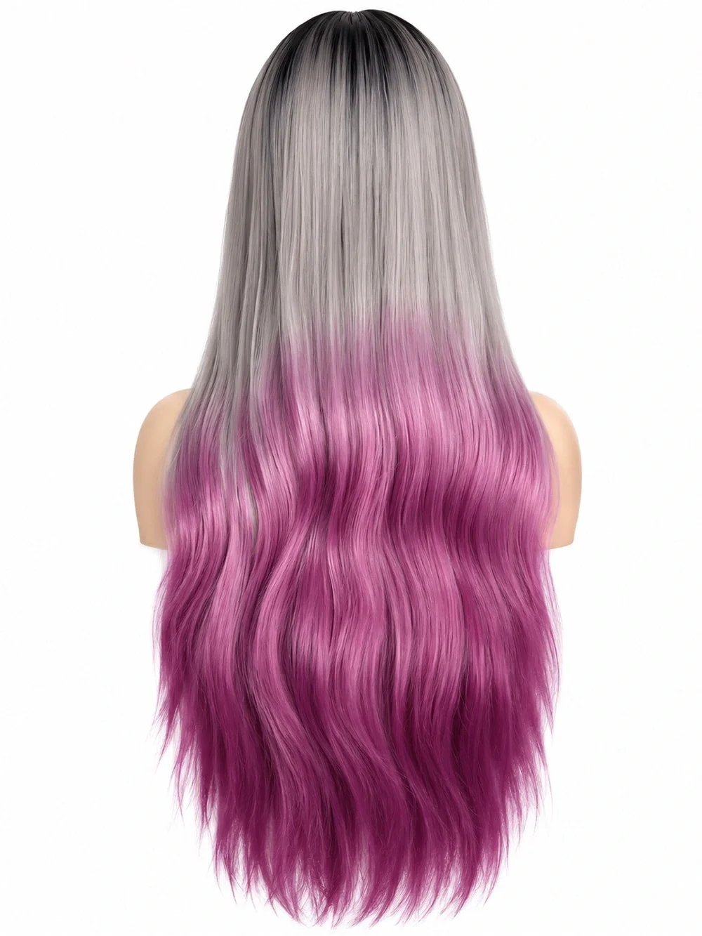 Long Straight Lace Front Wig in Gray to Purple Ombre middle part 26 inches long